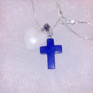 Boho hippie Lapis Lazuli Cross and Howlite heart Sterling Silver 16” Necklace